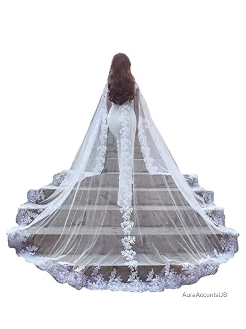 Women Wedding Cape Veil Tulle Lace Applique Long Train Bridal Shawl Cloak